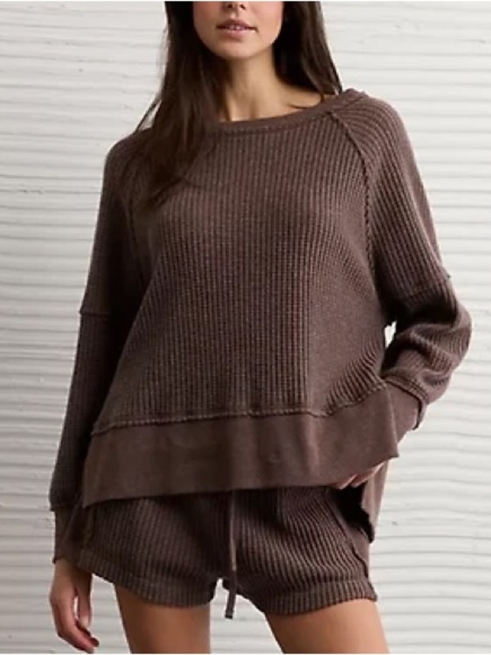 American Eagle Outfitters Brown Waffle Knit Crewneck Sweater Slouchy Relaxed XS